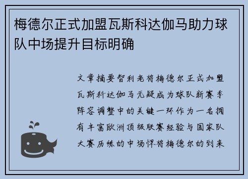 梅德尔正式加盟瓦斯科达伽马助力球队中场提升目标明确