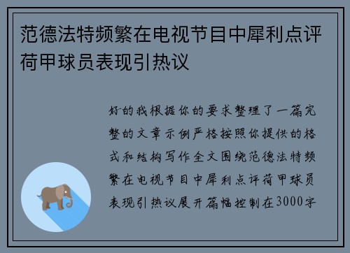 范德法特频繁在电视节目中犀利点评荷甲球员表现引热议
