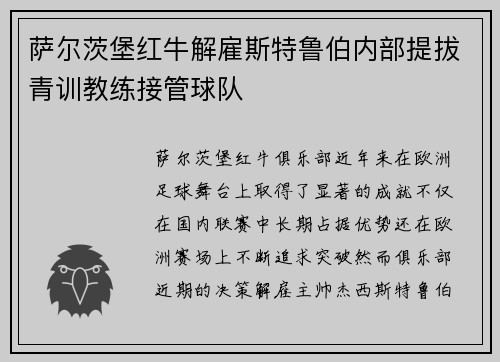 萨尔茨堡红牛解雇斯特鲁伯内部提拔青训教练接管球队